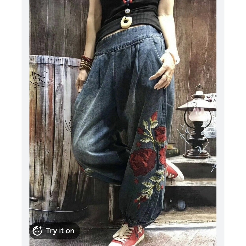 Boho Rose Embroidered Denim Balloon Pants Women Harem Baggy Cropped Tie Cuff
